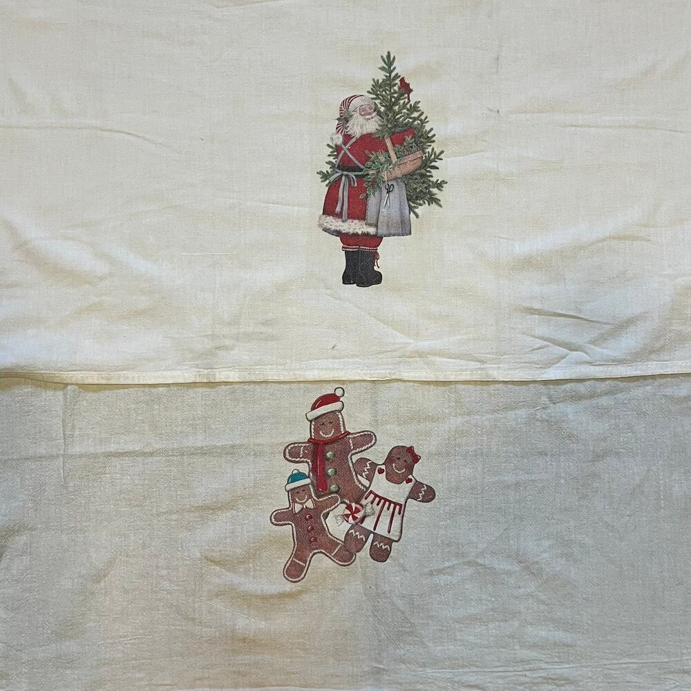 Set 2 Vintage Christmas Tea Towels Santa Gingerbread Cotton Holiday Kitchen